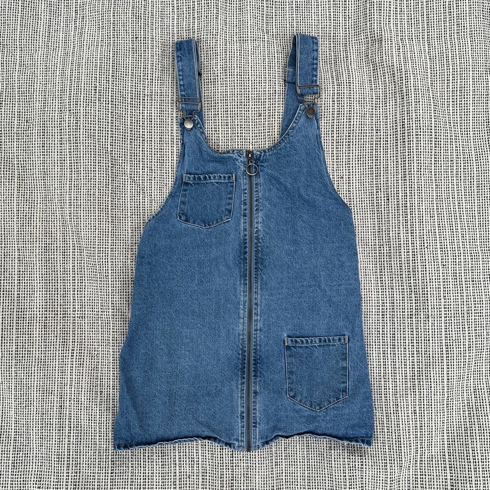 Denim Pinafore Overall Dress with Front Zip